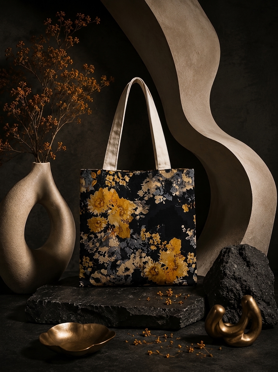Golden Bloom Batik Tote Bag in dark