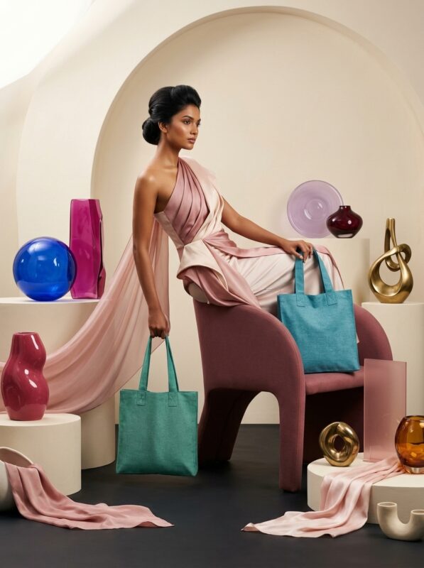 Ocean Mint Two-Tone Handmade Tote Bag and the model sitting pose