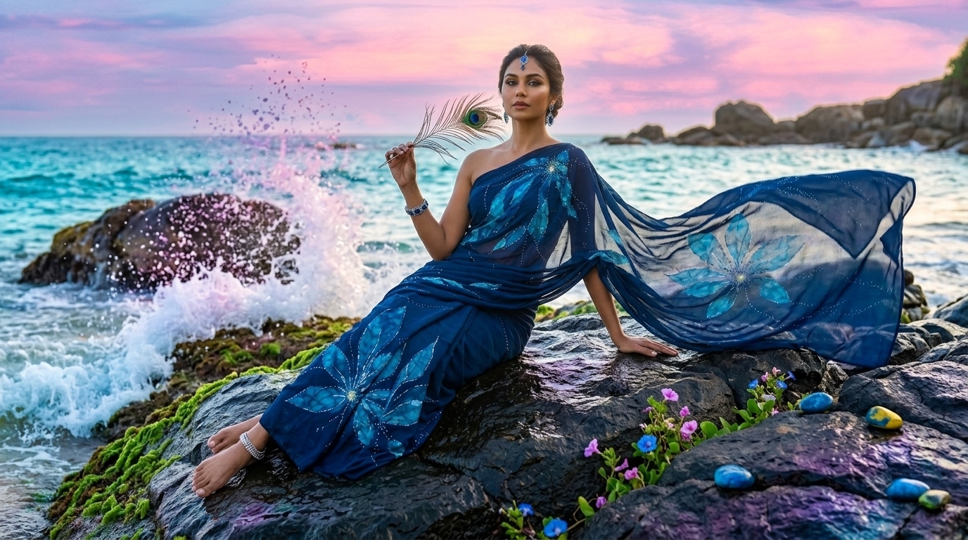 Woman wearing The Sapphire Bloom Handmade Batik Saree on a beach rock