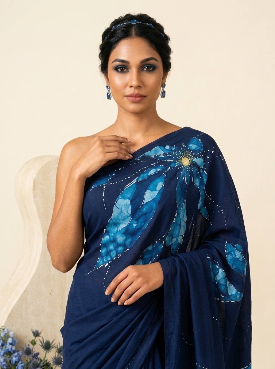Sapphire Bloom Handmade Batik Saree closeup view
