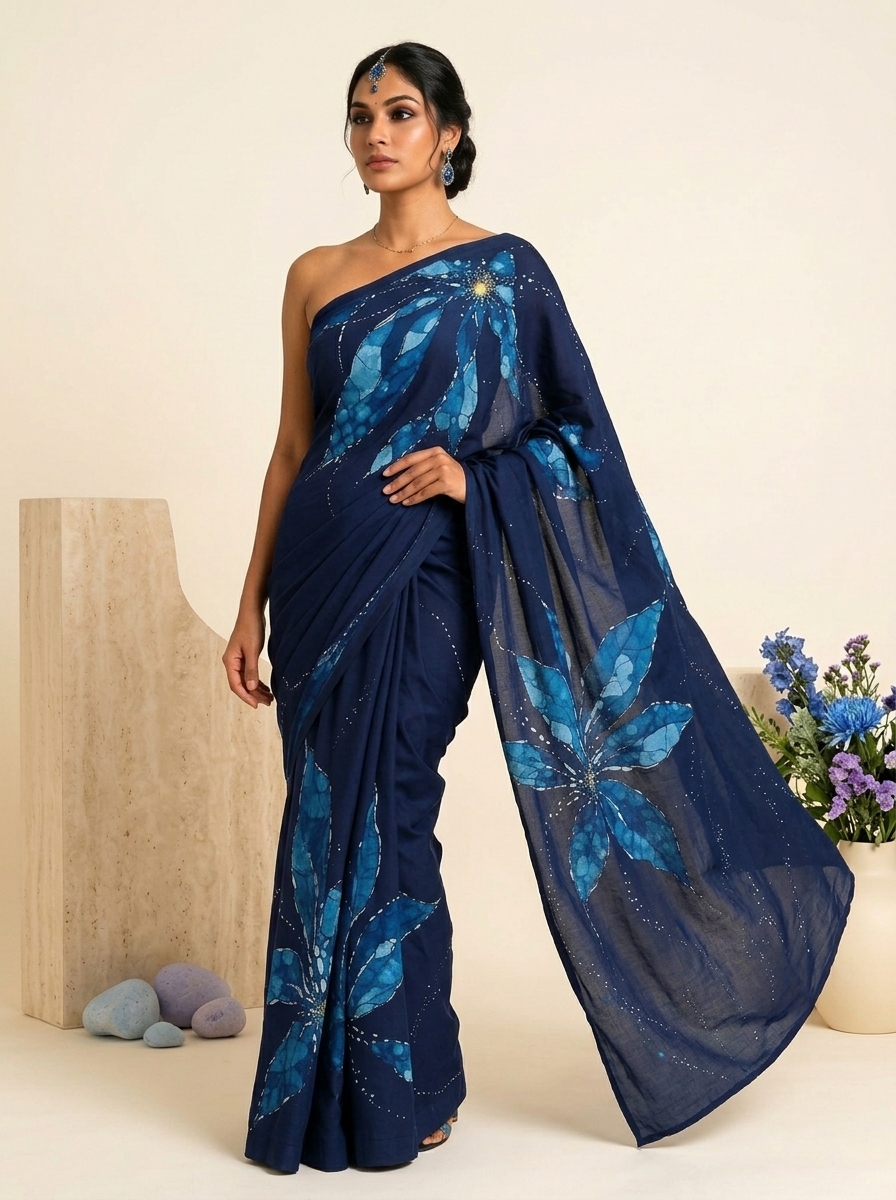 Sapphire Bloom Handmade Batik Saree front classic view