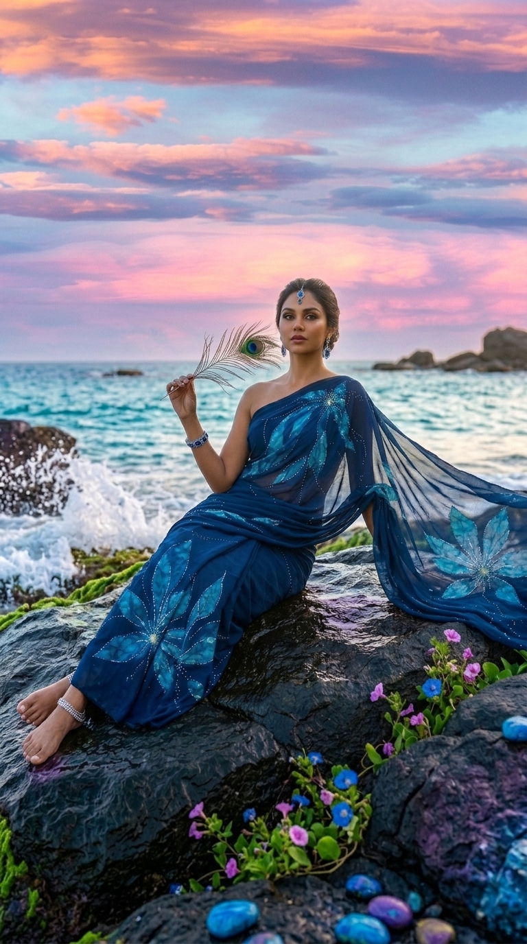 Woman wearing The Sapphire Bloom Handmade Batik Saree on a beach rock in the sunset