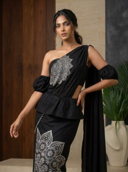 Midnight Mandala Handmade Batik Saree hip touching pose