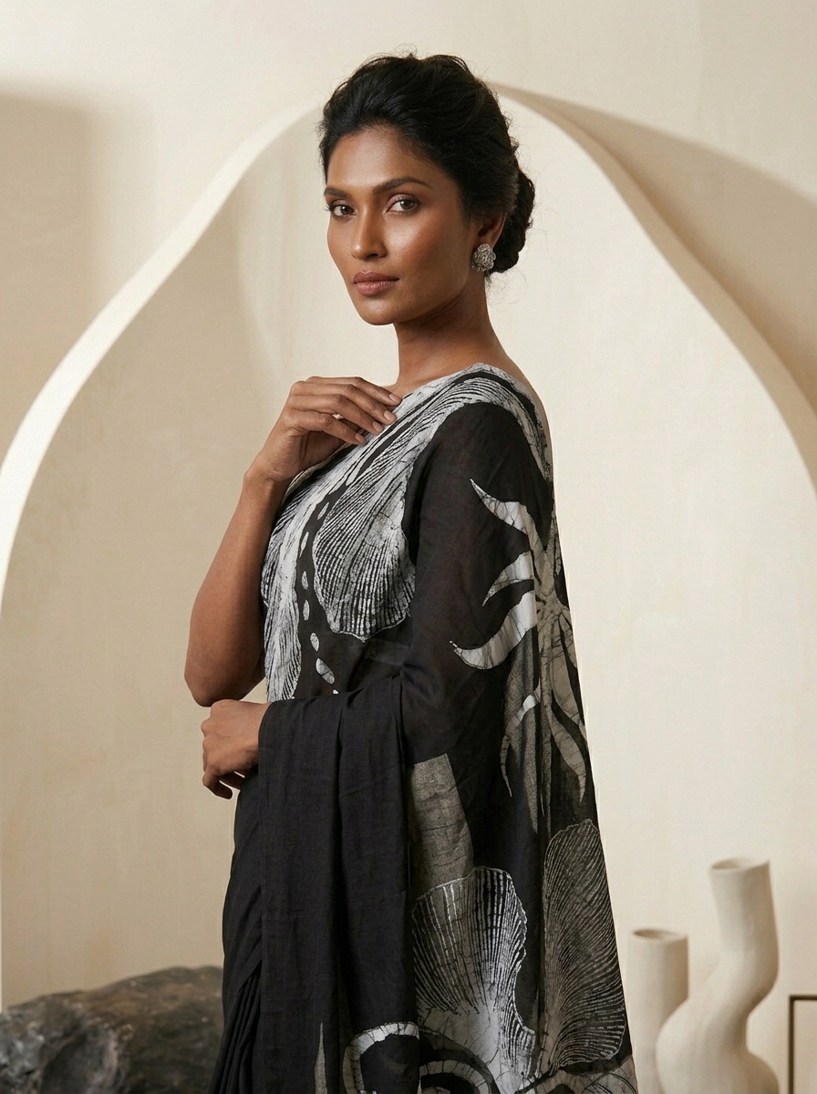 Monochrome Bloom Handmade Batik Saree side view