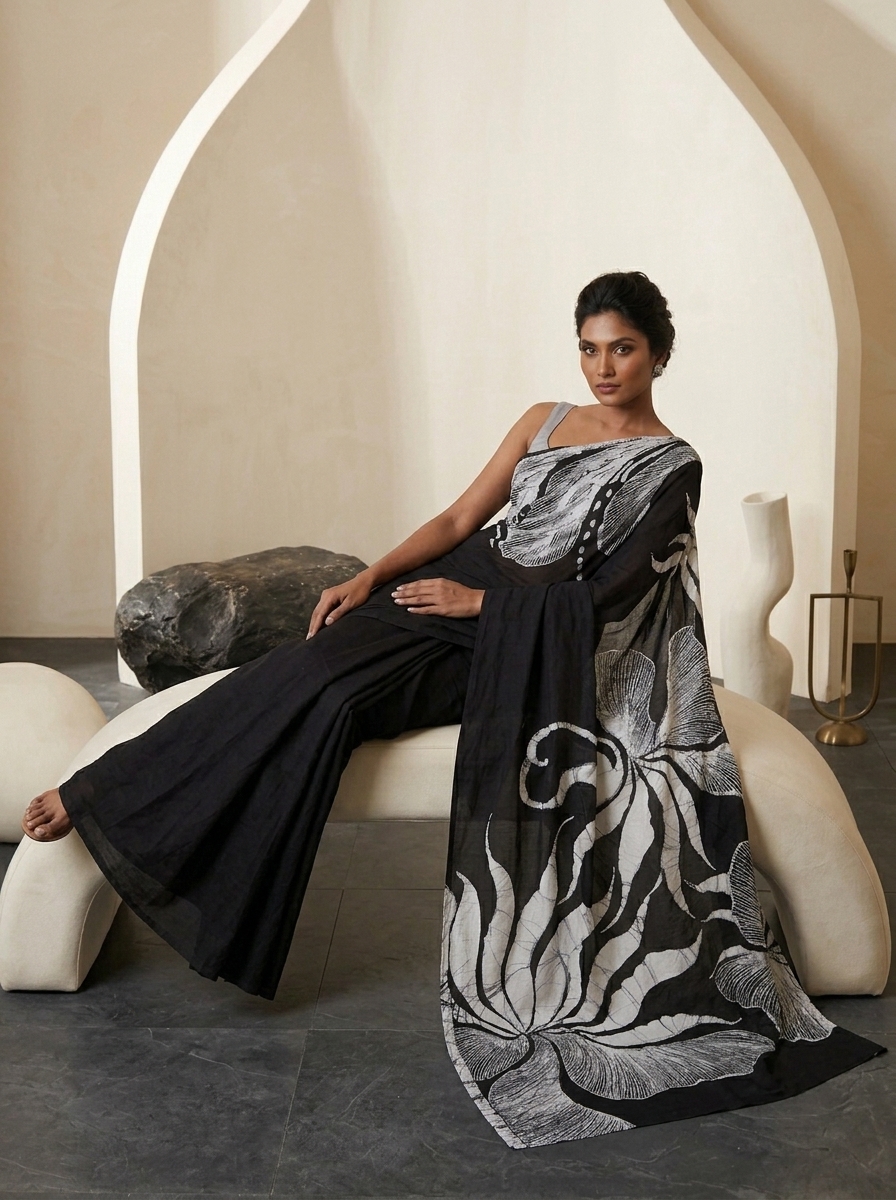 Monochrome Bloom Handmade Batik Saree classy pose