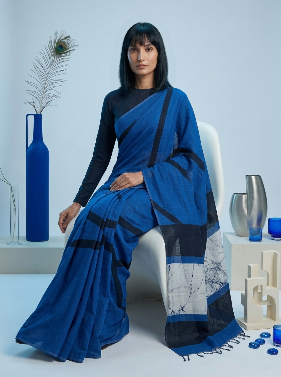 Cobalt Veil Batik handmade Sri Lankan batik cotton saree in black and Blue model sitting pose