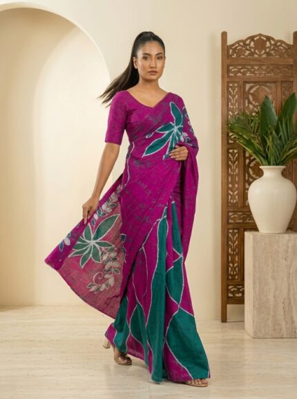 Fuchsia Teal Bloom Handmade Batik Saree model walking pose