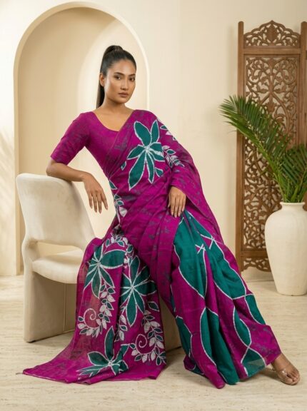 Fuchsia Teal Bloom Handmade Batik Saree model sitting pose