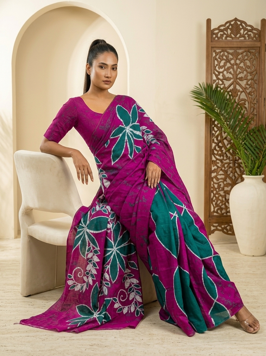 Fuchsia Teal Bloom Handmade Batik Saree model sitting pose