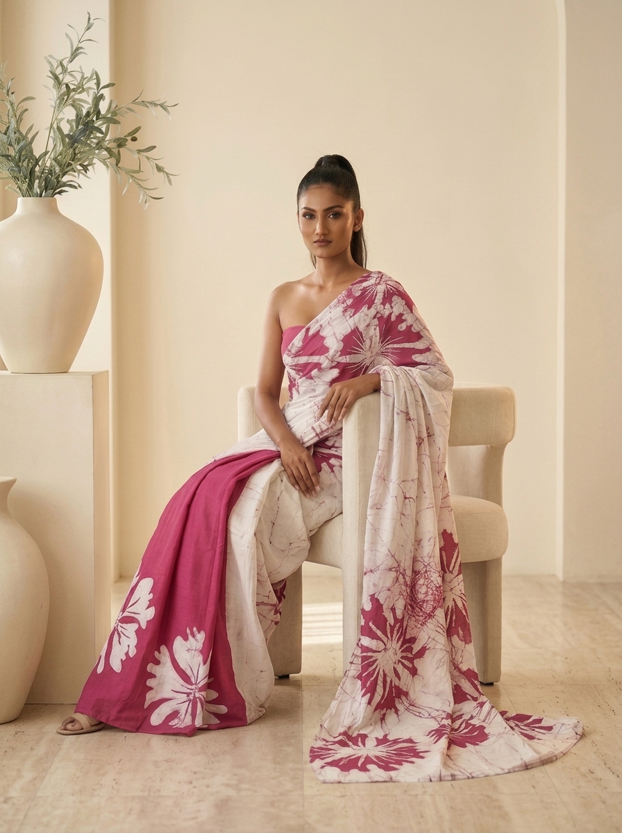 Model sitting wearing the Blush Bloom Handcrafted Batik Saree