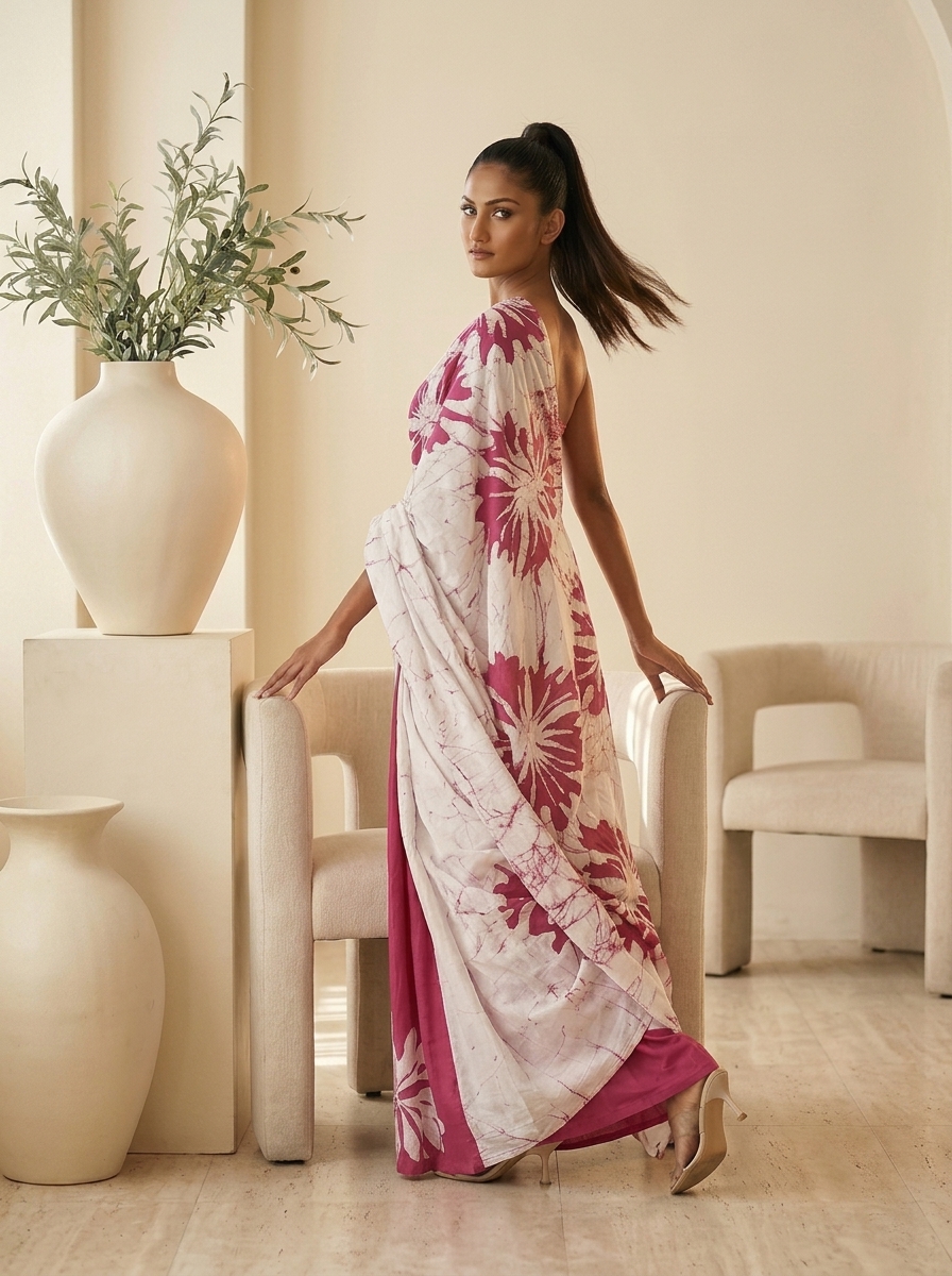 Blush Bloom Handcrafted Batik Saree side view