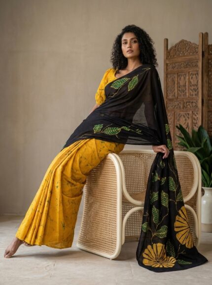 Golden Leaf Handmade Batik Saree model sitting pose