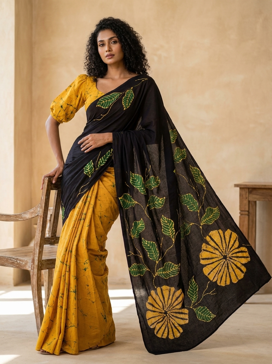 Golden Leaf Handmade Batik Saree chair near sitting pose
