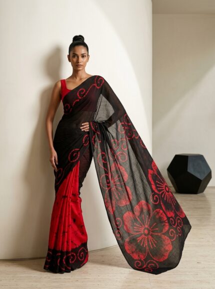 Scarlet Bloom handmade Sri Lankan batik cotton saree in black and red